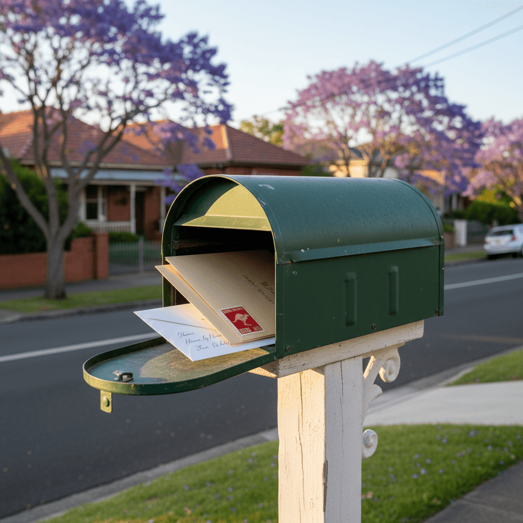Classic suburban mailbox in Sydney with letters visible, evoking a nostalgic mail delivery