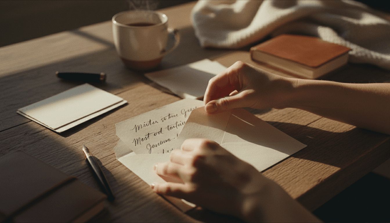 Hands opening a handwritten envelope with mail inside on a wooden desk