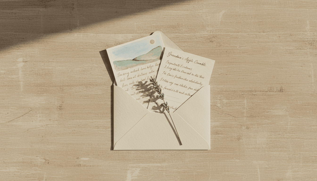 Open envelope on a wooden table with a handwritten letter, recipe card, and small artwork spilling out