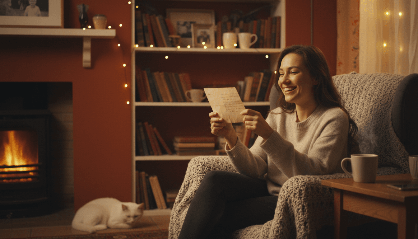 Person smiling, holding letter in a warm, cozy room setting.