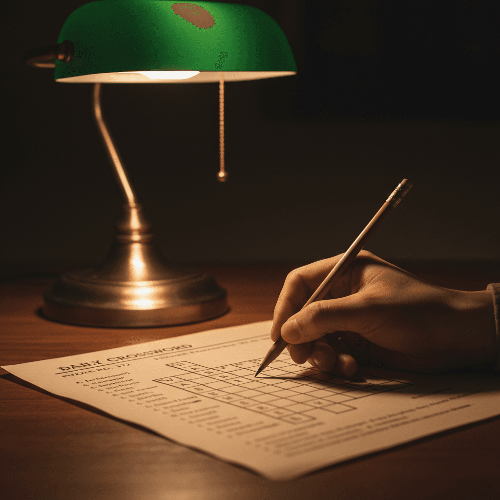 Hand holding a pencil over a crossword puzzle on a desk