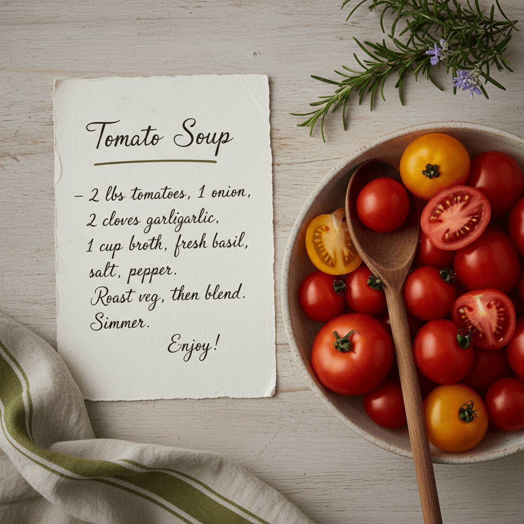 Recipe card and fresh ingredients on a kitchen counter
