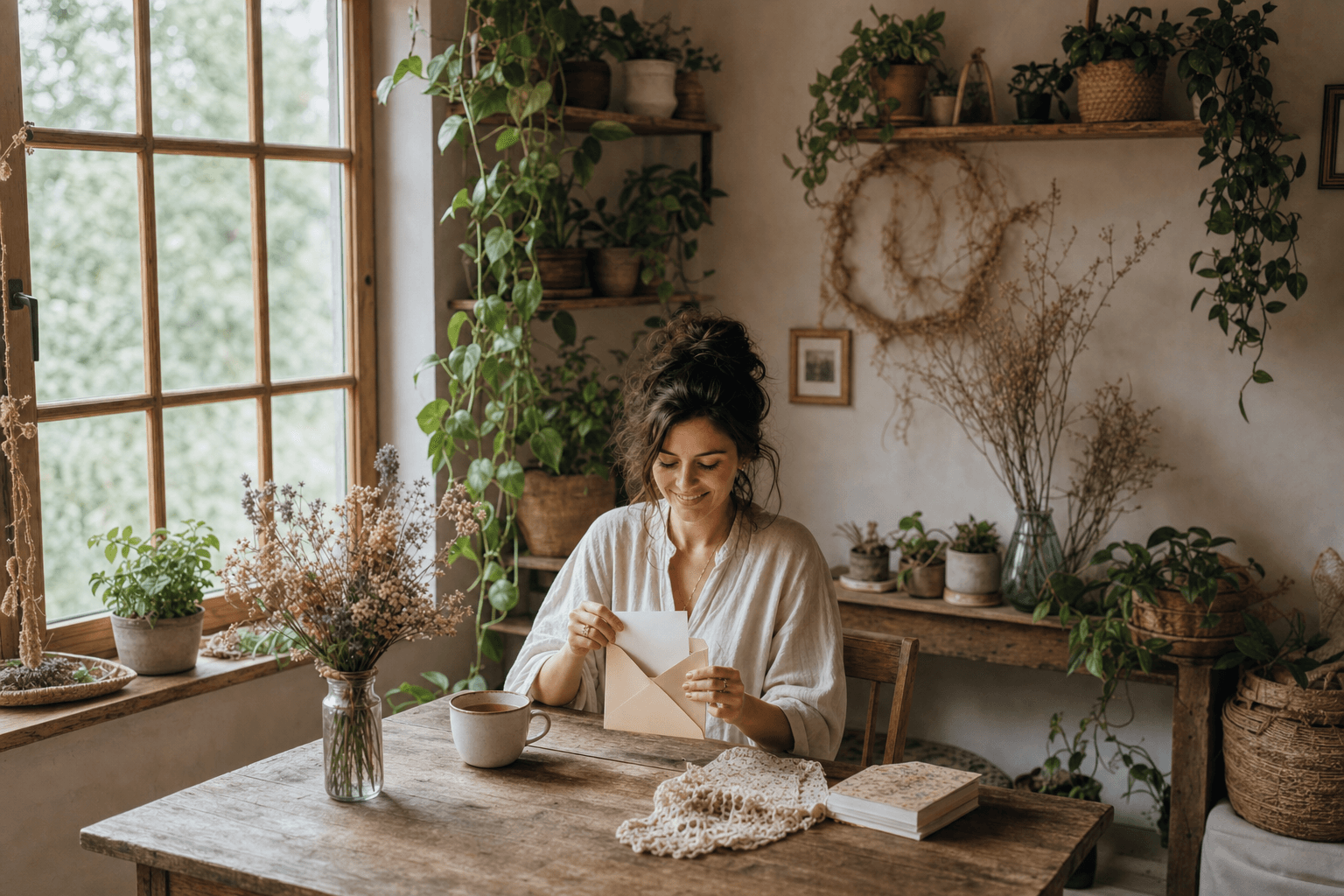 Smiling woman opens a letter at a rustic table in a cozy, plant-filled room.